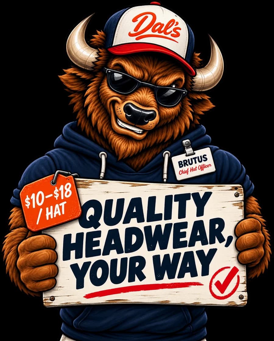 Brutus, Chief Hat Officer, holding a sign: Quality headwear, your way — $10–$18 / hat