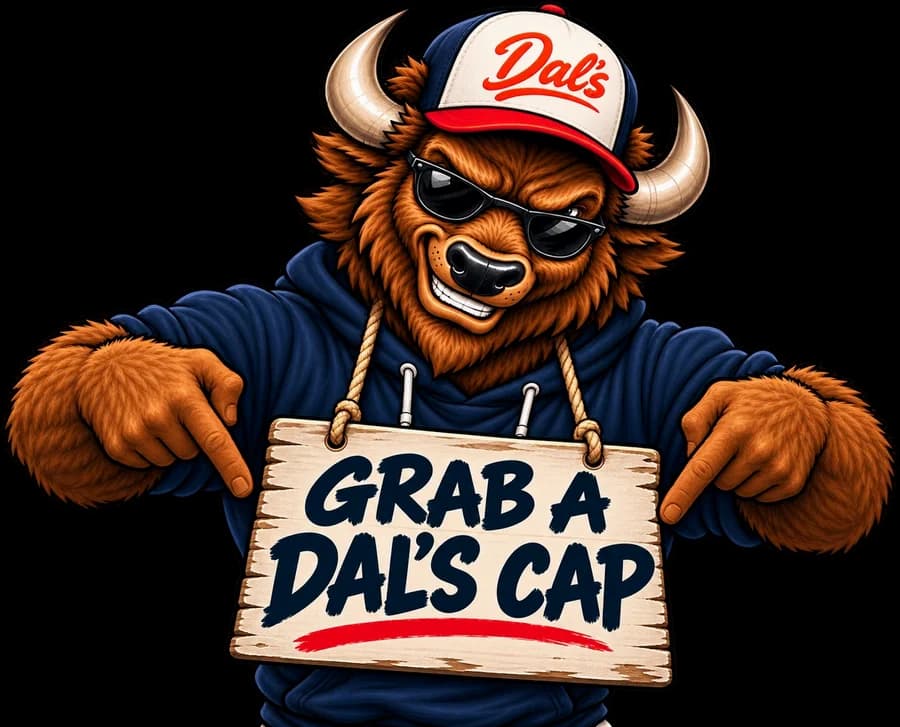 Brutus pointing down at a sign that says Grab a Dal's cap